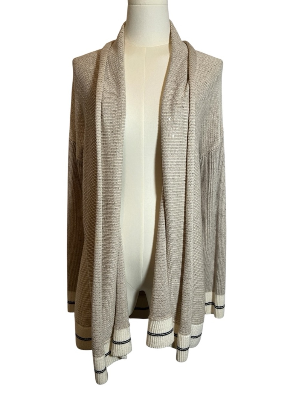 ST JOHN Sequin Jacquard Knit Open Shawl Cardigan in Taupe Melange Size Small